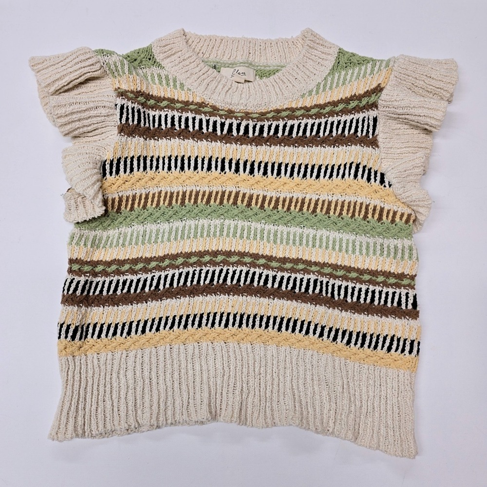 Elan Striped Ruffle Sleeve Knit Sweater Vest Cream Green Brown SWS10890 Womens L